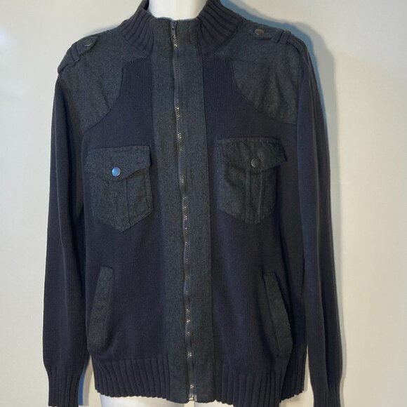 Paper Denim & Cloth SZL Mens Dark gray zip front sweater flannel details office - Picture 13 of 13